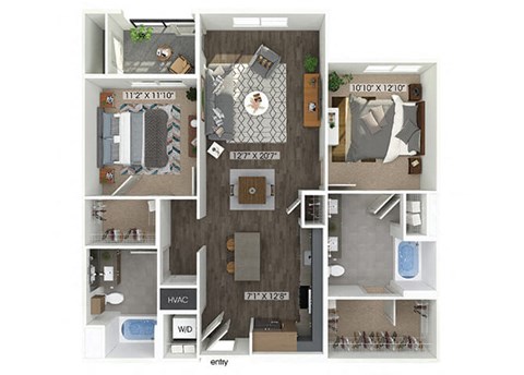 Floor plan for 2 beds, 2 baths, 1142 sqft